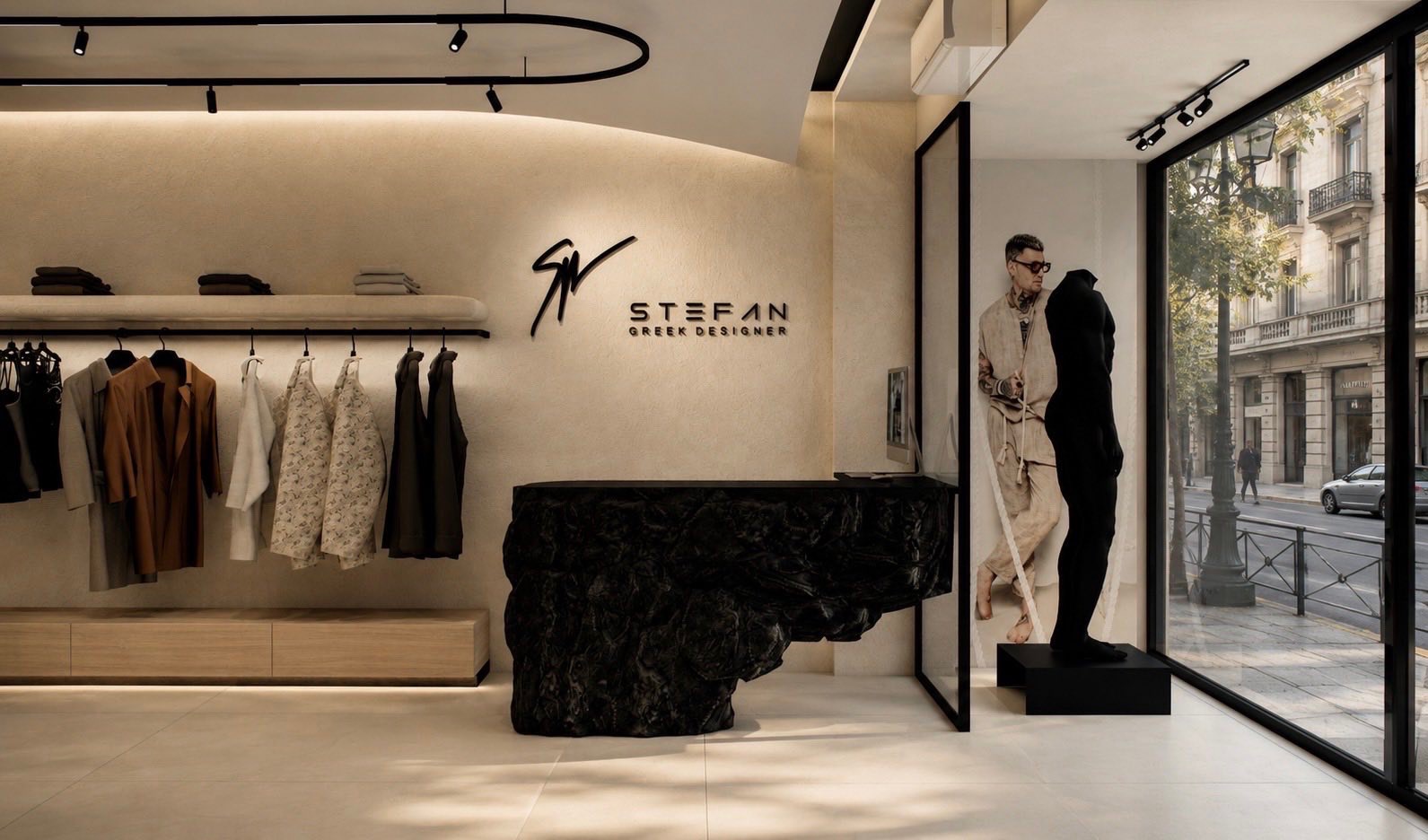 Menswear collection inside the Stefan boutique in Mykonos