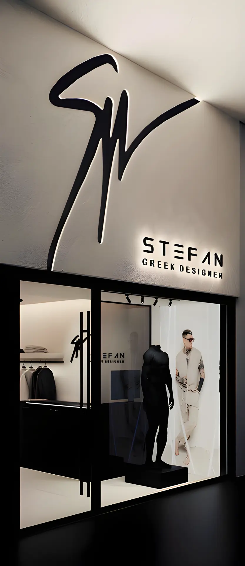 Stefan Greek Designer storefront at night with illuminated signature logo